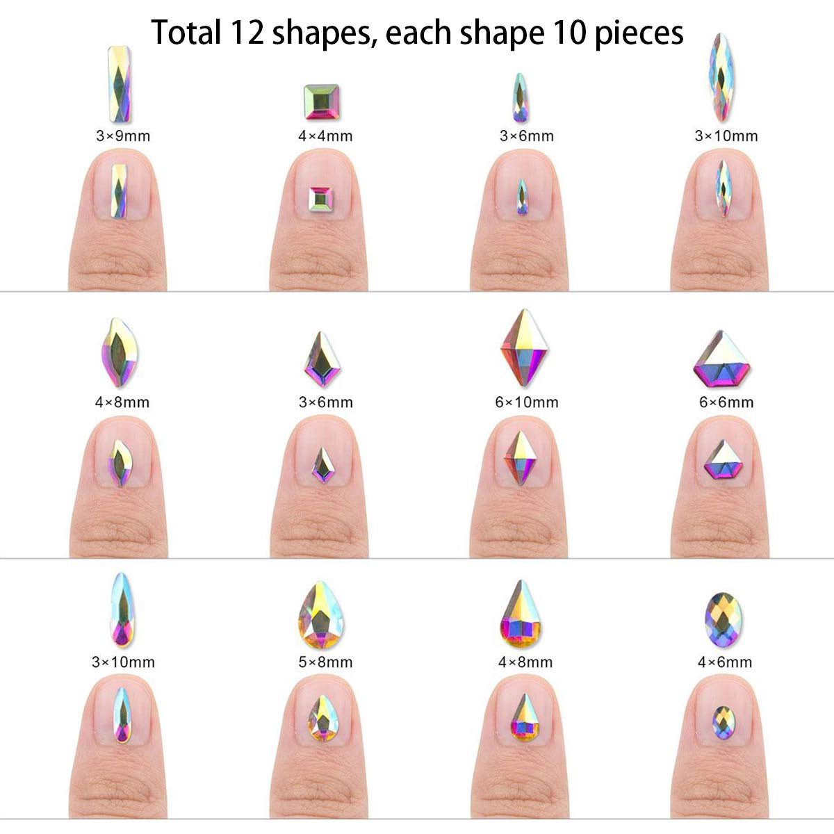 Nails 120 Pcs Multi Shapes Glass Crystal Ab Rhinestones for Nail Art Craft, Mix 12 Style Flatback Crystals 3D Decorations Flat Back Stones Gems Set (120 Pcs CRYSTALS+1728 Pcs Rhinestones)