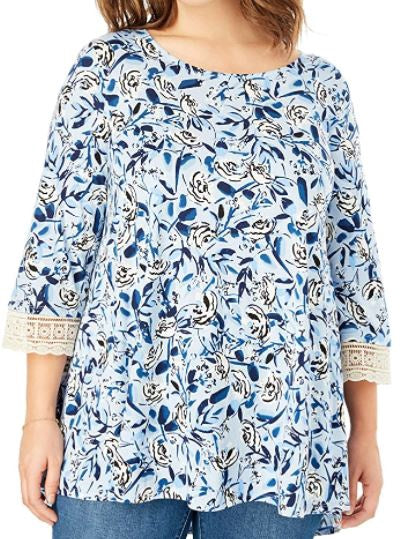 WOMAN WITHIN Women Plus Tunic Blue Floral Lace Sleeve