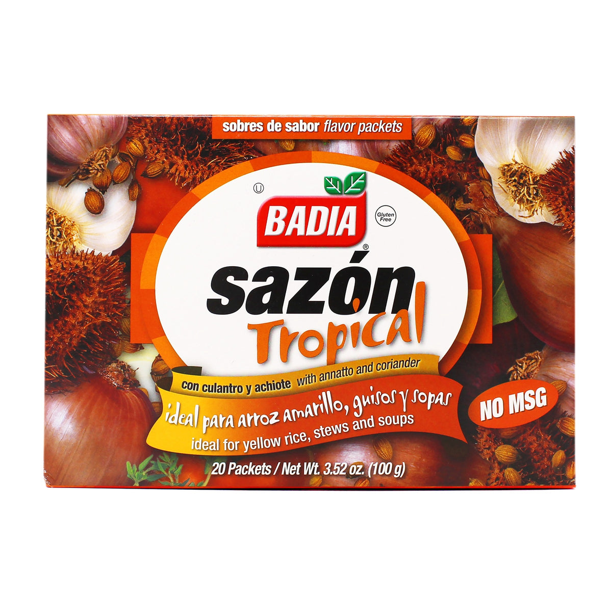 BADIA Sazon Tropical with Annatto and Coriander Ideal for Yellow Rice, Stews and Soups 20 Packets 3.52OZ 100G