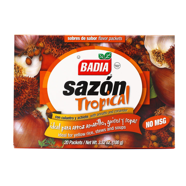 BADIA Sazon Tropical with Annatto and Coriander Ideal for Yellow Rice, Stews and Soups 20 Packets 3.52OZ 100G