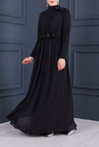 Dress Evening Chiffon Floral Belt Black