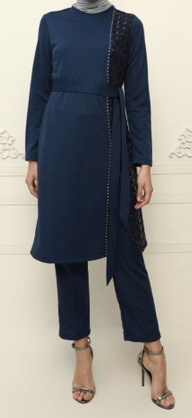 Pants Suit Sequins Navy / Grey