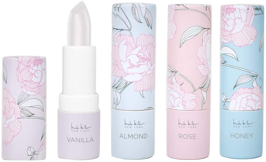 NICOLE MILLER Makeup Lip Balm 4 Pack Moisturizing for Women and Girls Vanilla, Almond, Rose & Honey
