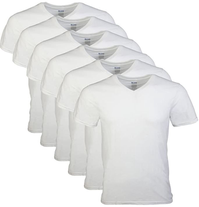GILDAN Men T-SHIRT White V-NECK Tagfree 6 Pack