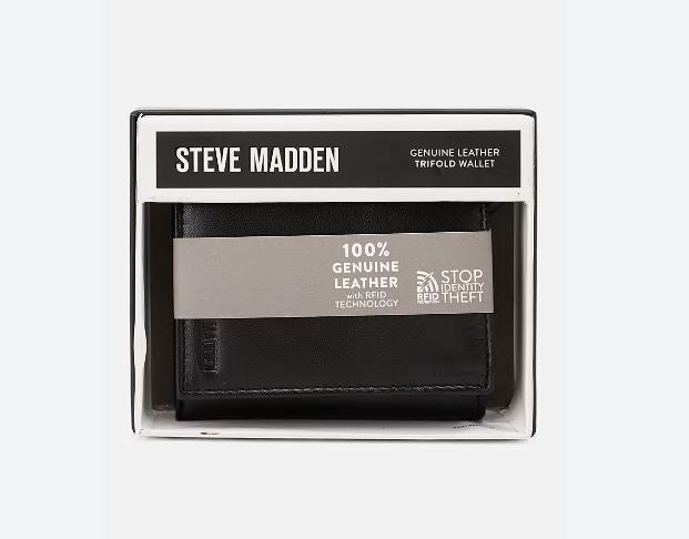 STEVE MADDEN Wallet Men Rfid Trifold Dark Brown / Black Leather with Id Window