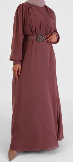 Dress Evening Chiffon Lined W/BELT Mauve / Grey