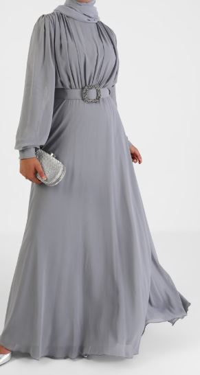 Dress Evening Chiffon Lined W/BELT Mauve / Grey