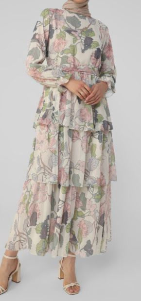 Dress Lined Chiffon Floral Tiered White & Pink