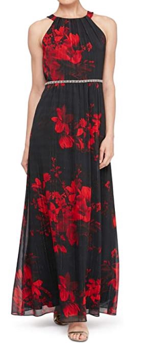 SLNY Dress Red Belted Rhinestone Floral Sleeveless Halter Maxi