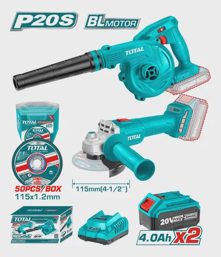 TOTAL Angle Grinder + Blower UTOSLI2211315 2PCS Combo Kit Cordless LITHIUM-ION Battery 20V