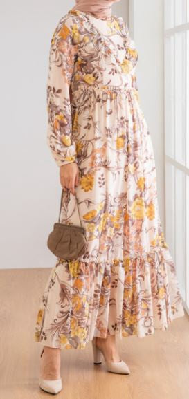 Dress Floral Lined Yellow & Brown