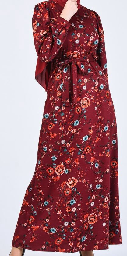 Dress Floral Burgandy W/WAISTBAND