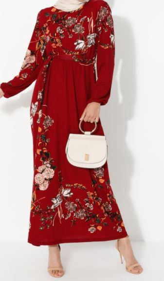 Dress Floral Burgandy Elastic Waist with Waistband