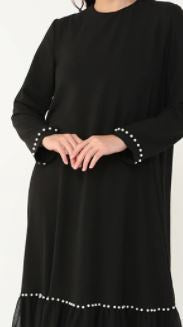 Gown Abaya Pearls Tiered Bottom Black