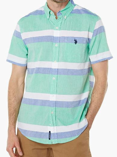 US POLO ASSN. Men Shirt Short Sleeve Button Down Us Polo Green Stripe