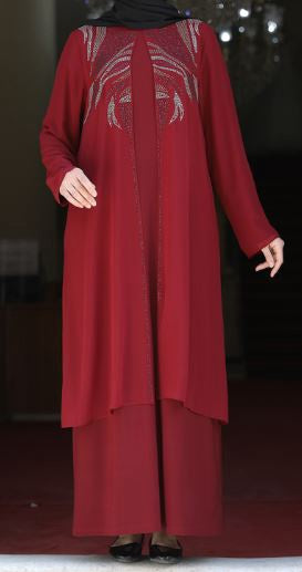 Gown Abaya Burgandy Stone