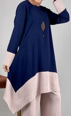 Pants Suit Navy & Beige Asymmetrical Hem Plus Size