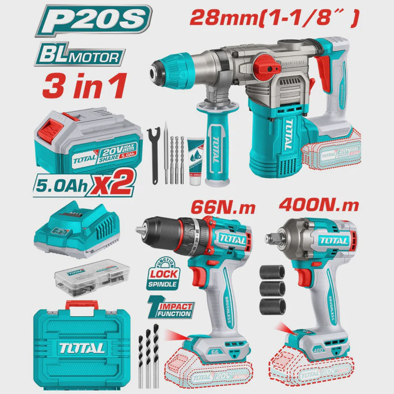 TOTAL Drill Gun Rotary + Wrench + Impact UTCKLI20638 3PCS Combo Kit 20V Lithium Ion