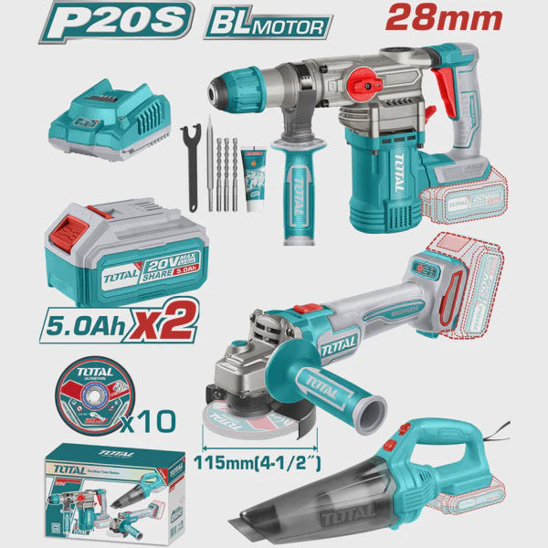 TOTAL Drill Gun Rotary Hammer + Angle Grinder + Vacuum Combo Kit UTOSLI240785 20V Lithium Ion