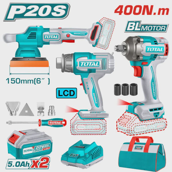 TOTAL Drill Gun Impact Wrench + Polisher + Heat Gun Combo Kit UTOSLI240863 20V Lithium Ion