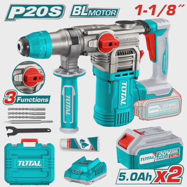 TOTAL Drill Gun UTRHLI202885 Rotary Hammer 20V 5AH Lithium Ion