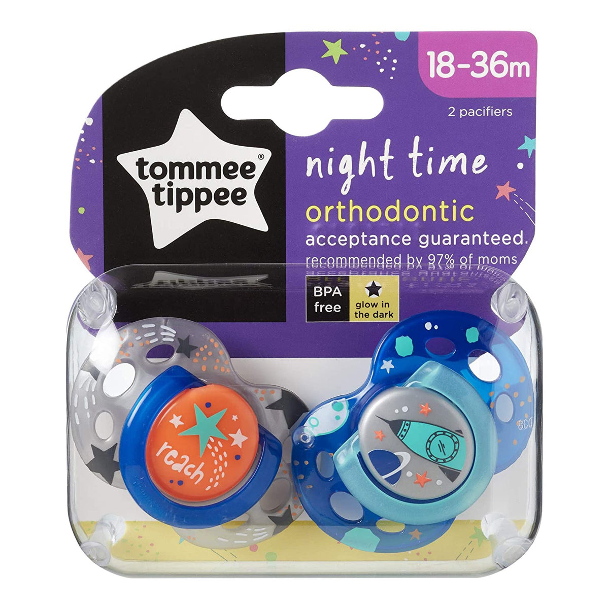 TOMMEE TIPPEE Baby Pacifier Closer to Nature Night Time Toddler Soothie 18-36 Months - 2 Count Colors May Vary