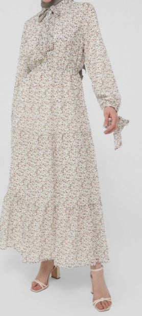Dress Lined Floral Taupe Tie Detail on Sleeve