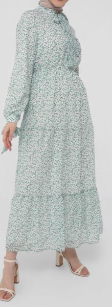 Dress Lined Floral White & Green with Tie