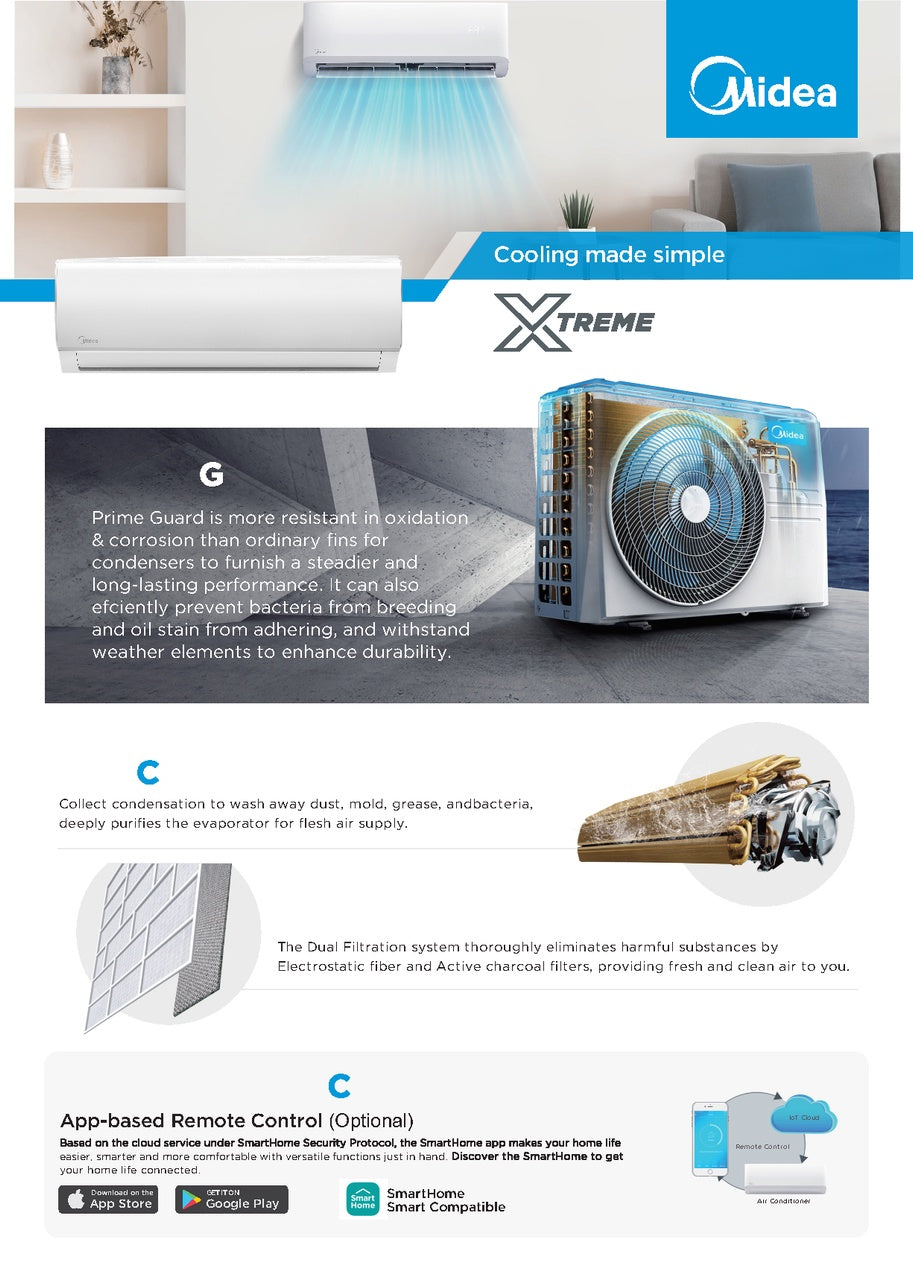MIDEA Air Conditioner 18000BTU 220V Regular Split MSAF-18CN1EB + MOX2-18CN1EB Xtreme on Off Series