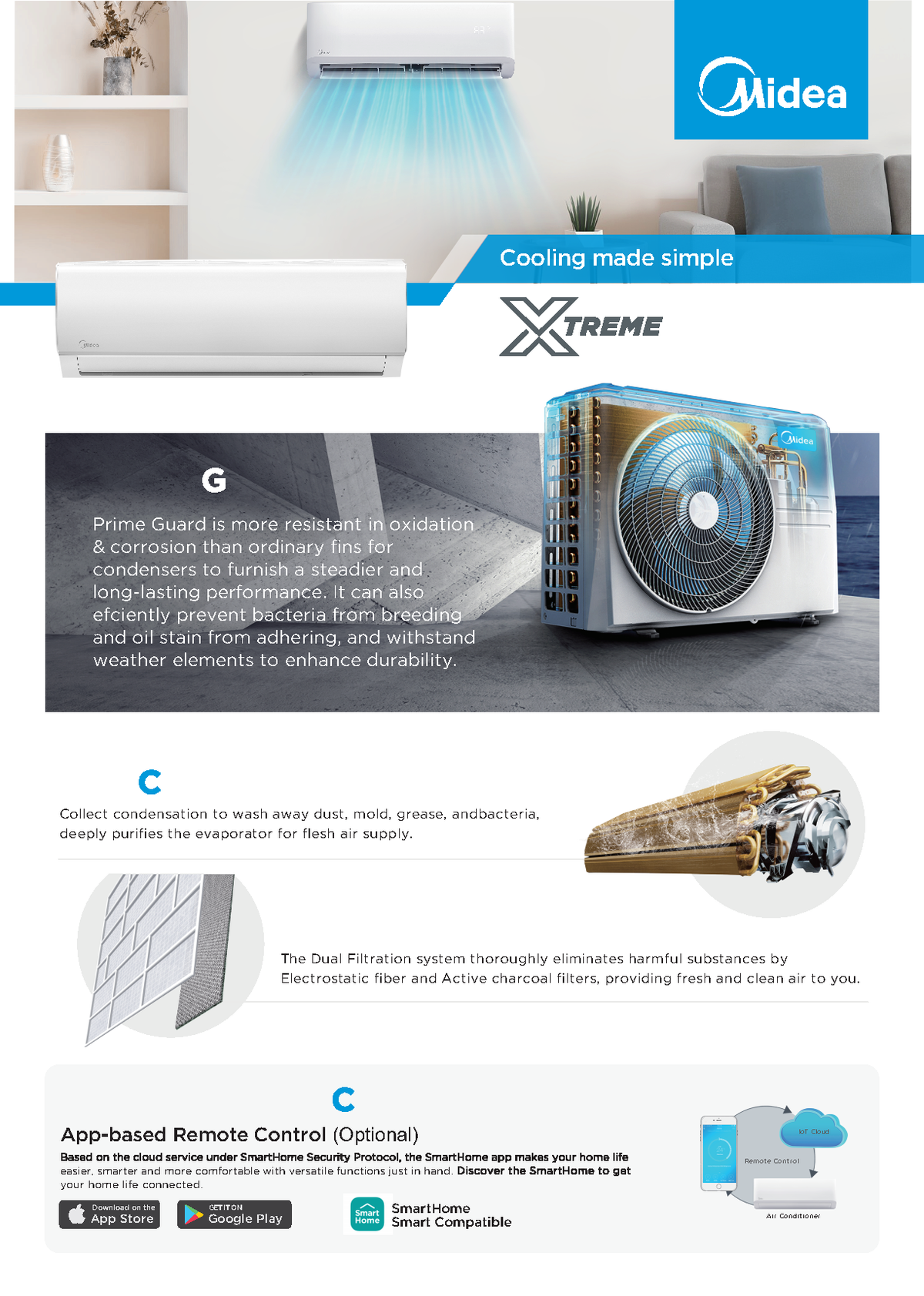 MIDEA Air Conditioner 12000BTU 220V Regular Split MSAF-12CN1EB + MOX1-12CN1EB Xtreme on Off Series