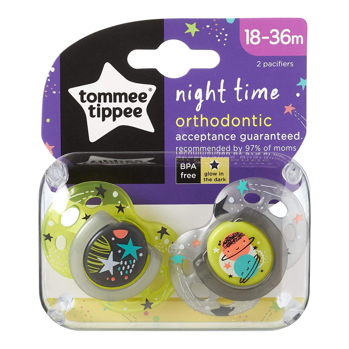 TOMMEE TIPPEE Baby Pacifier Closer to Nature Night Time Toddler Soothie 18-36 Months - 2 Count Colors May Vary