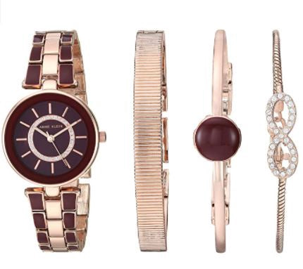 ANNE KLEIN Watch Set Women Crystal Accented with Bracelets Burgandy & Rose Gold 3286BYST