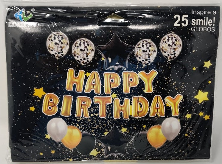 Party Balloons 25PCS Pack Happy Birthday & Star Balloon Set with Confetti IN Gold, Black and White LV70