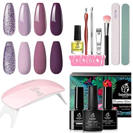 BEETLES Nail Gel Nail Polish with Uv Light Starter Kit, Soak Off Purple Mauve, Base Gel Top Coat for Diy