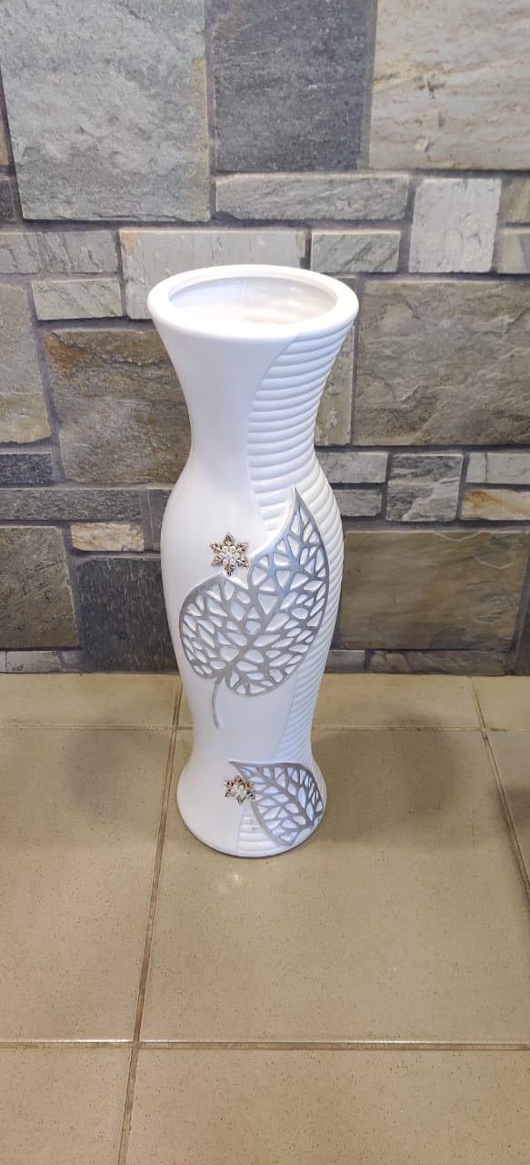 Vase 24" EQ103 White, Silver Leaf & Gold Flower