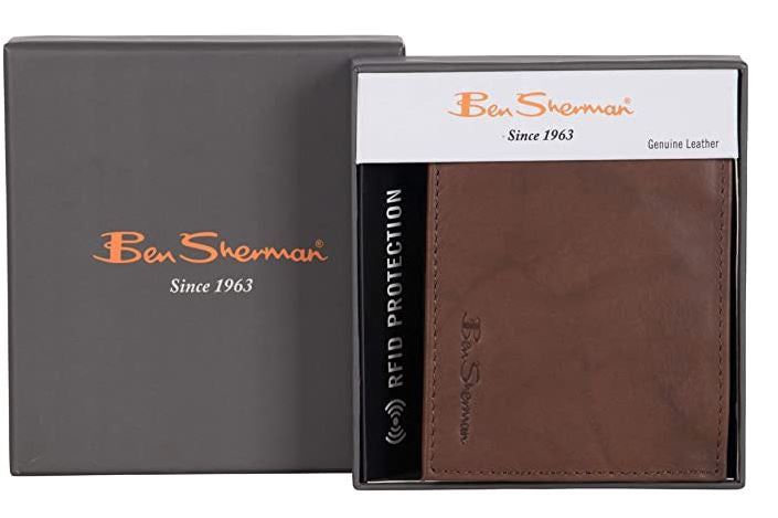 BEN SHERMAN Wallet Men Men's Manchester Slim Bifold FULL-GRAIN Leather Rfid IN Gift Box Brown