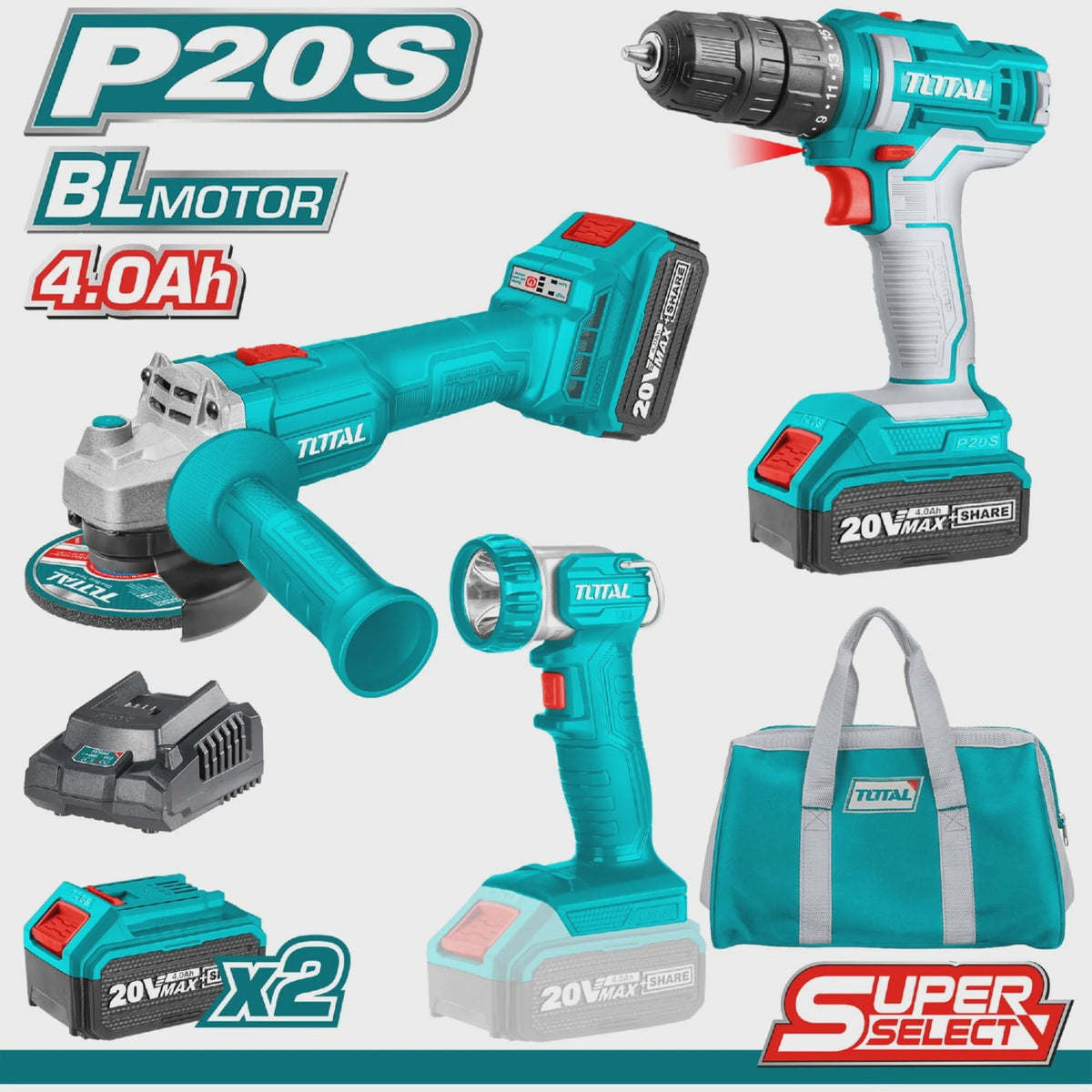 TOTAL Drill Gun + Angle Grinder UTCKLI20418 3-PCS Combo Kit 20V Lithium Ion