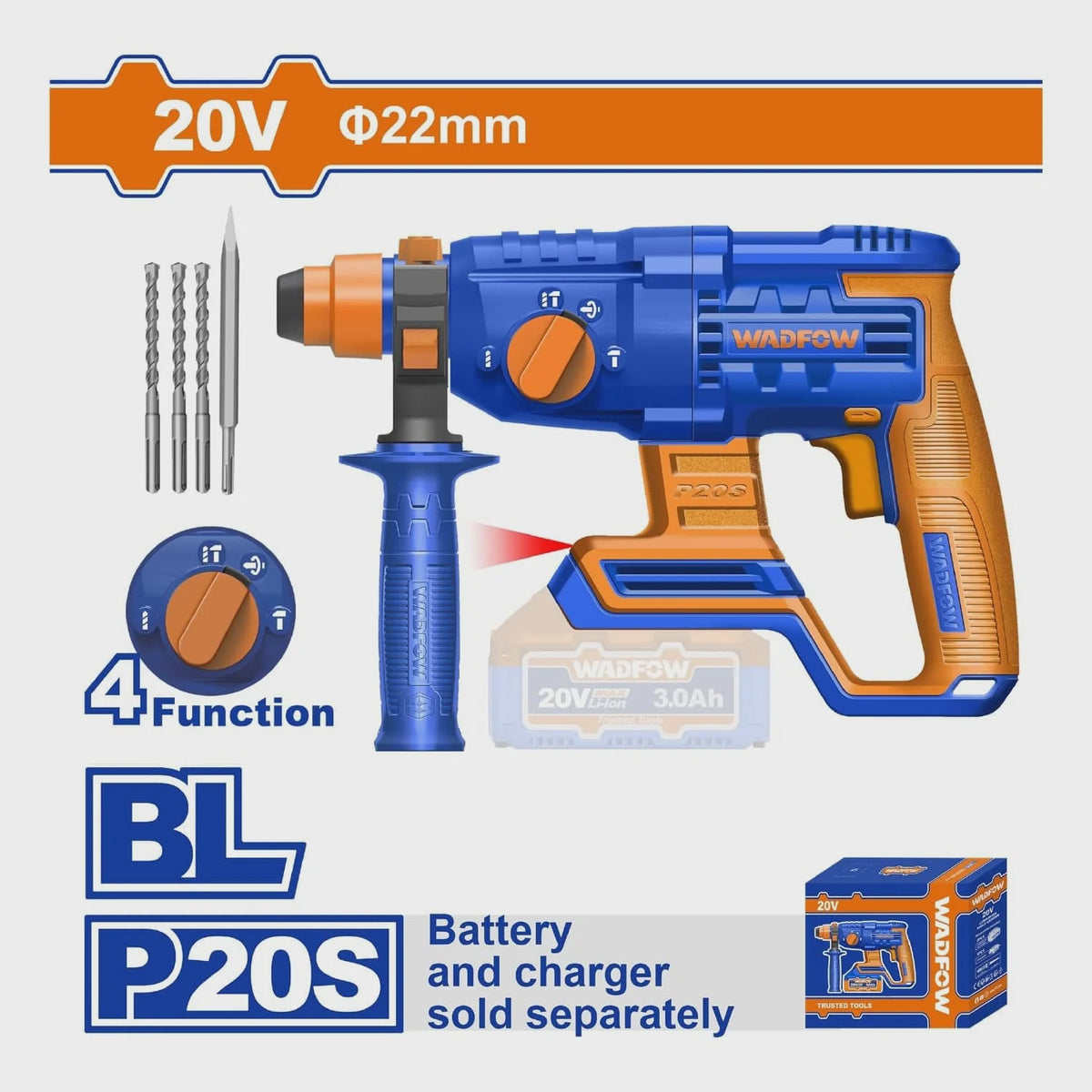 WADFOW Drill Gun WLM15220 800W Hammer Rotary Cordless LITHIUM-ION Battery 20V
