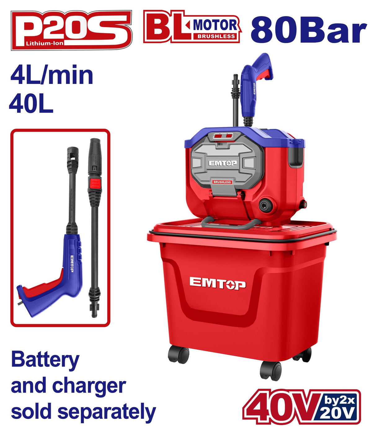 EMTOP Pressure Washer ELPW4055061 40V Lithium Ion