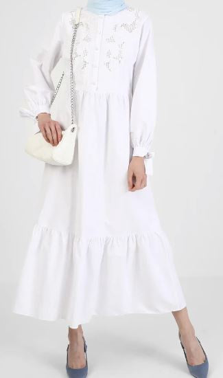 Dress White Tie Sleeve Embroidered