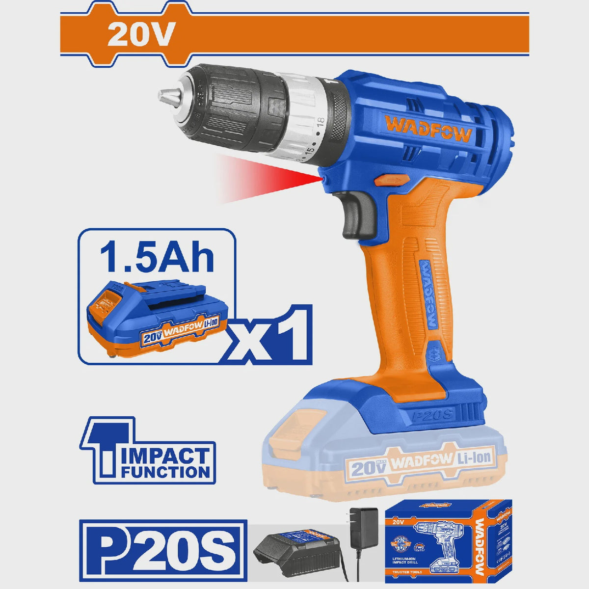 WADFOW Drill Gun UWCDP521 Impact 3/8" 20V Lithium Ion