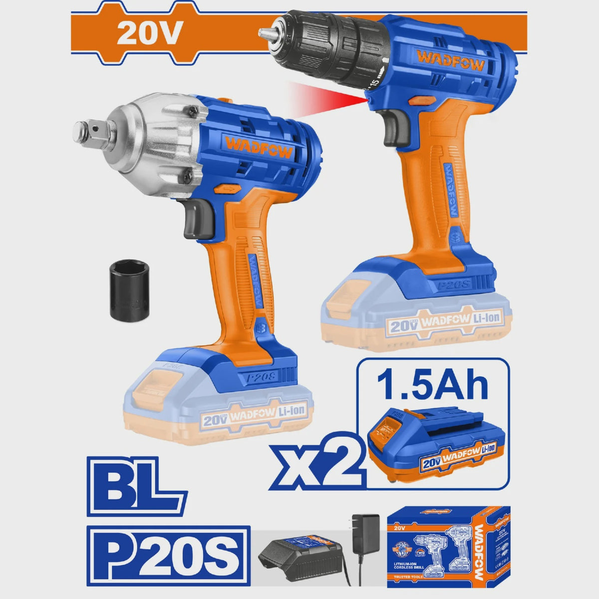WADFOW Drill Gun 2PCS Combo Kit UWCK2017 20V Lithium Ion