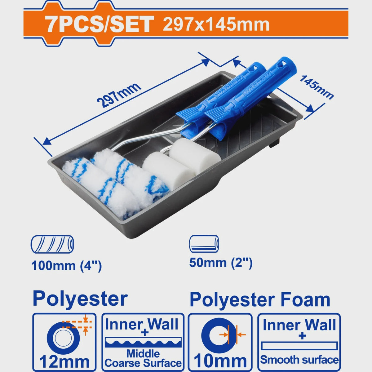 WADFOW Roller Brush 4" 7PCS Kit WCB3H71 with Tray