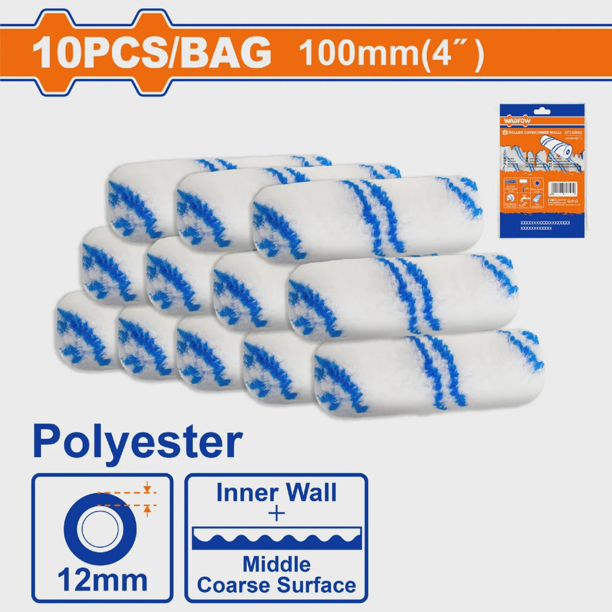 WADFOW Roller Brush Pad 4" 10PCS Set WCB4941 12MM Polyester
