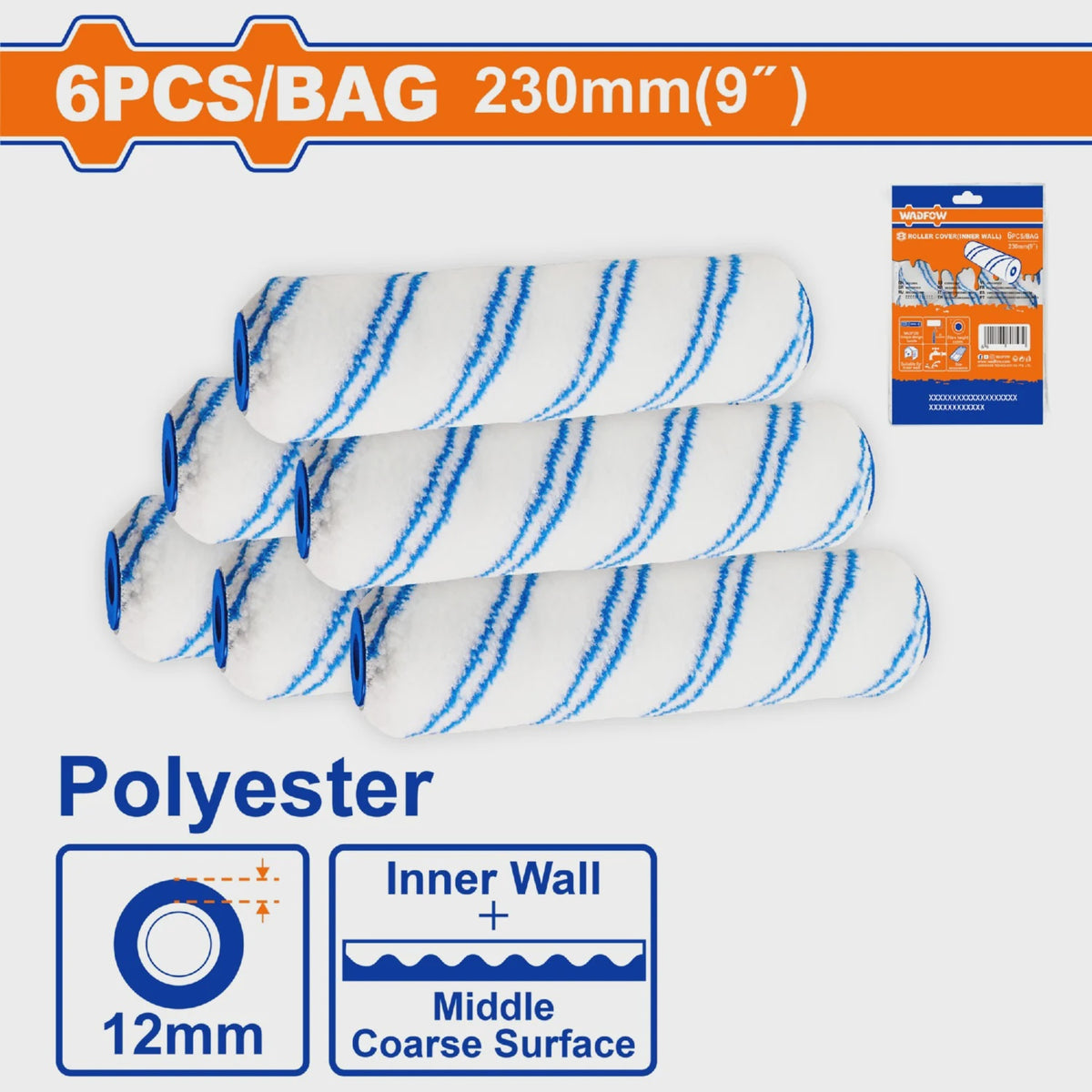 WADFOW Roller Brush Pad 9" 6PCS Set WCB4996 12MM Polyester