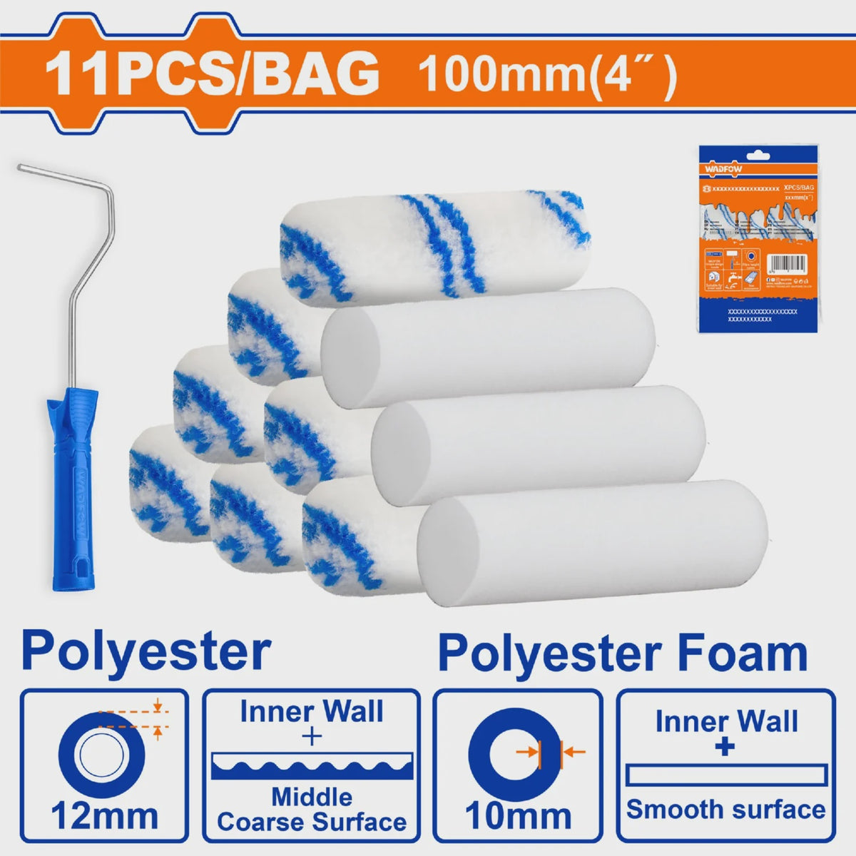 WADFOW Roller Brush 4" 11PCS Set WCB5411 with Handle