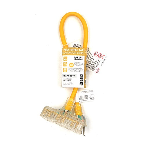UNITED CABLE Extension Cord Outdoor 2FT Triple Tap Yellow Heavy Duty UCU201P4RY-2FT