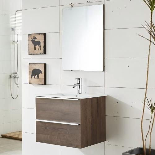 WOLLATON Bathroom Wall Hung Cabinet Brown with Mirror 2 Draws PVC 23"X18"X19" GNC-DC16WO24H