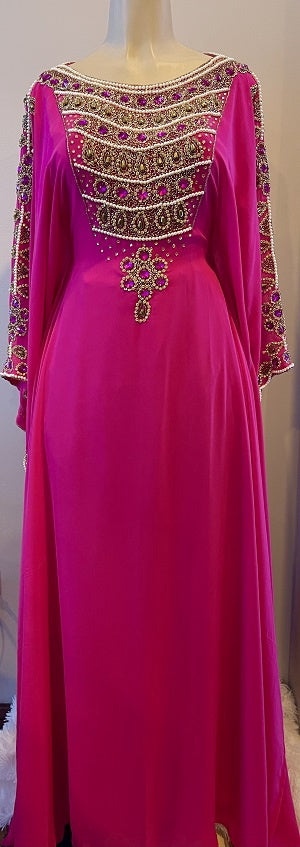 GENERIC Gown Beaded Pink with Gold and Pearl Beads, Waist Tie