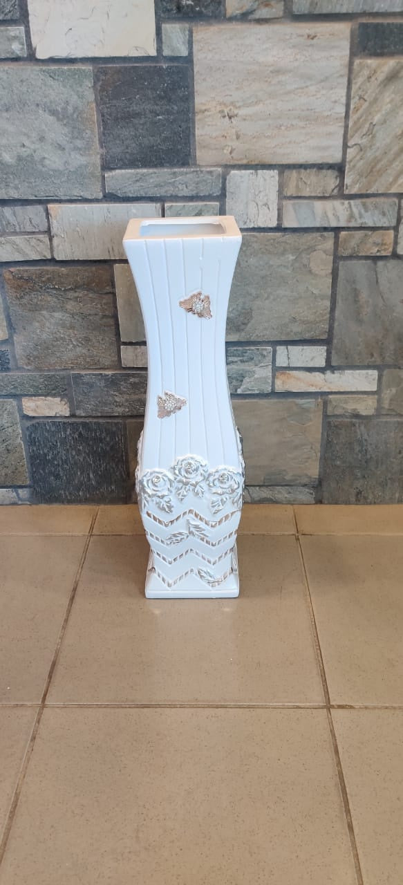 Vase 24" EQ106 White, Silver and Gold Butterfly